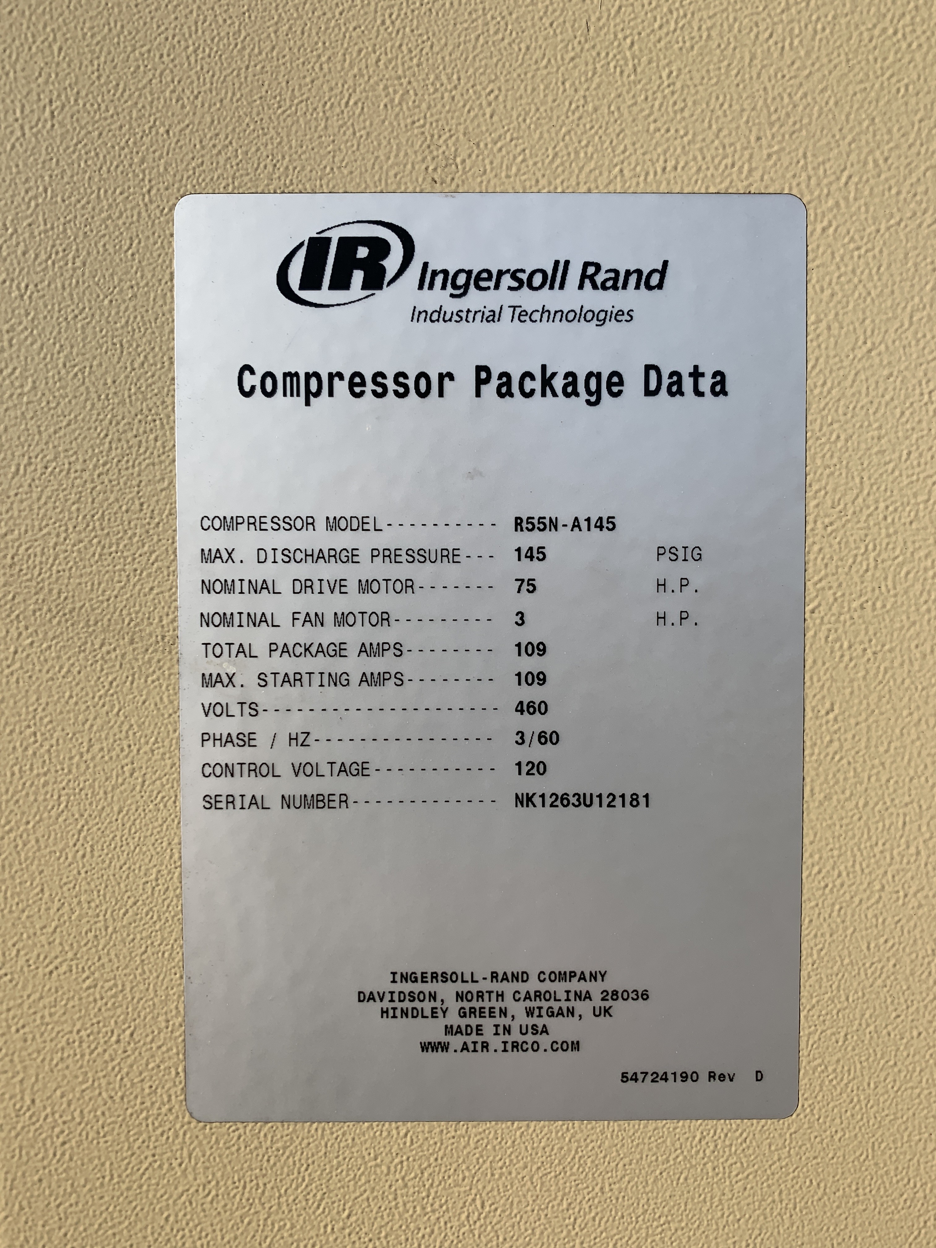 Ingersoll Rand 75 HP Nirvana  Screw Compressor w/VSD Unit 1324