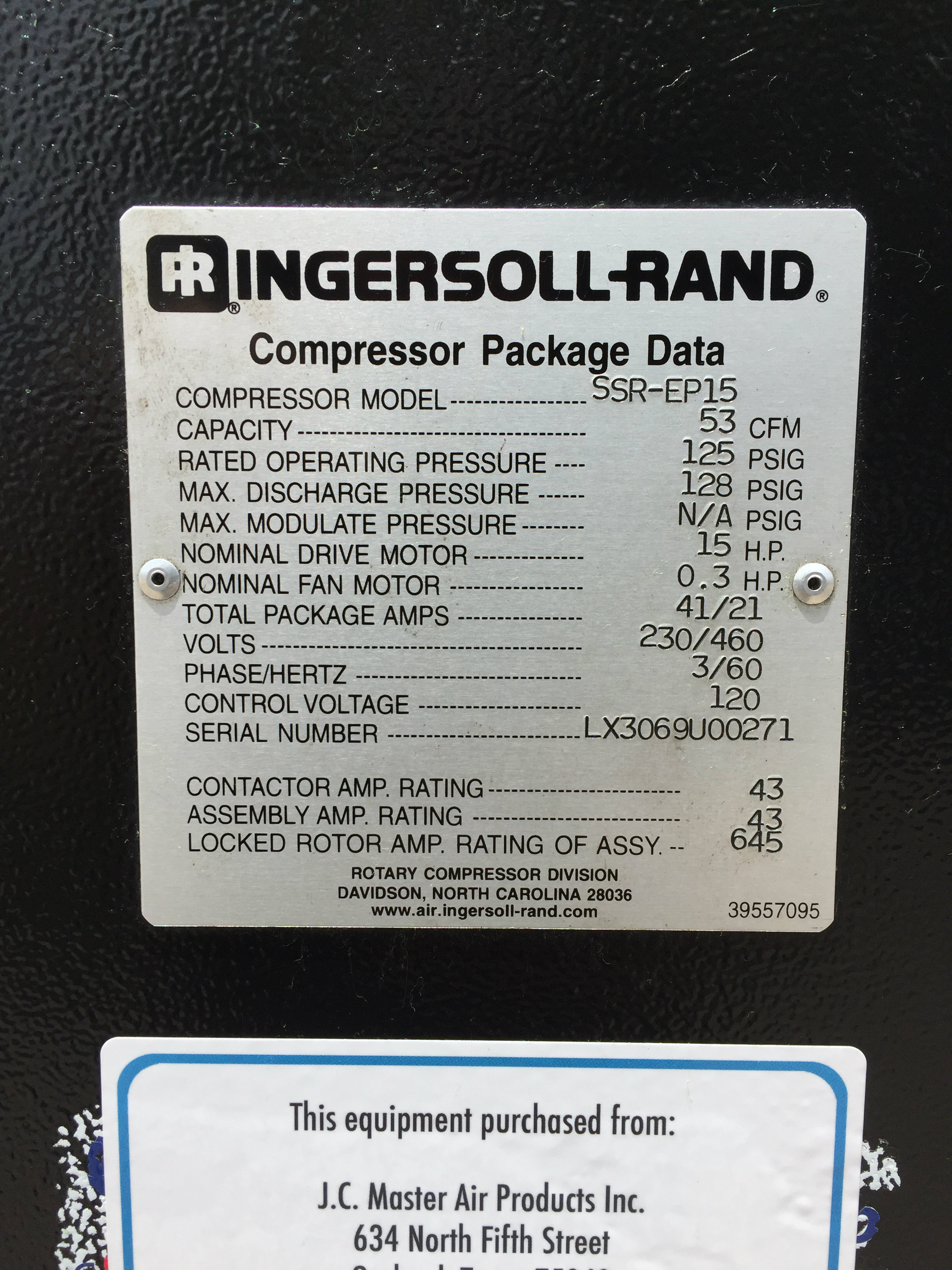 Ingersoll Rand 15 HP Screw Compressor Unit 1291(A)