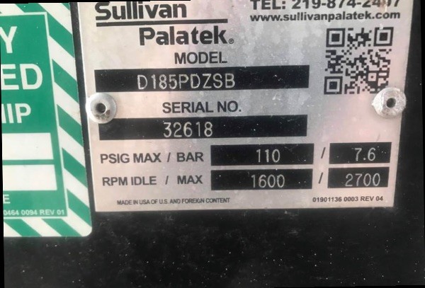 2014 Sullivan 185 CFM Compressor 